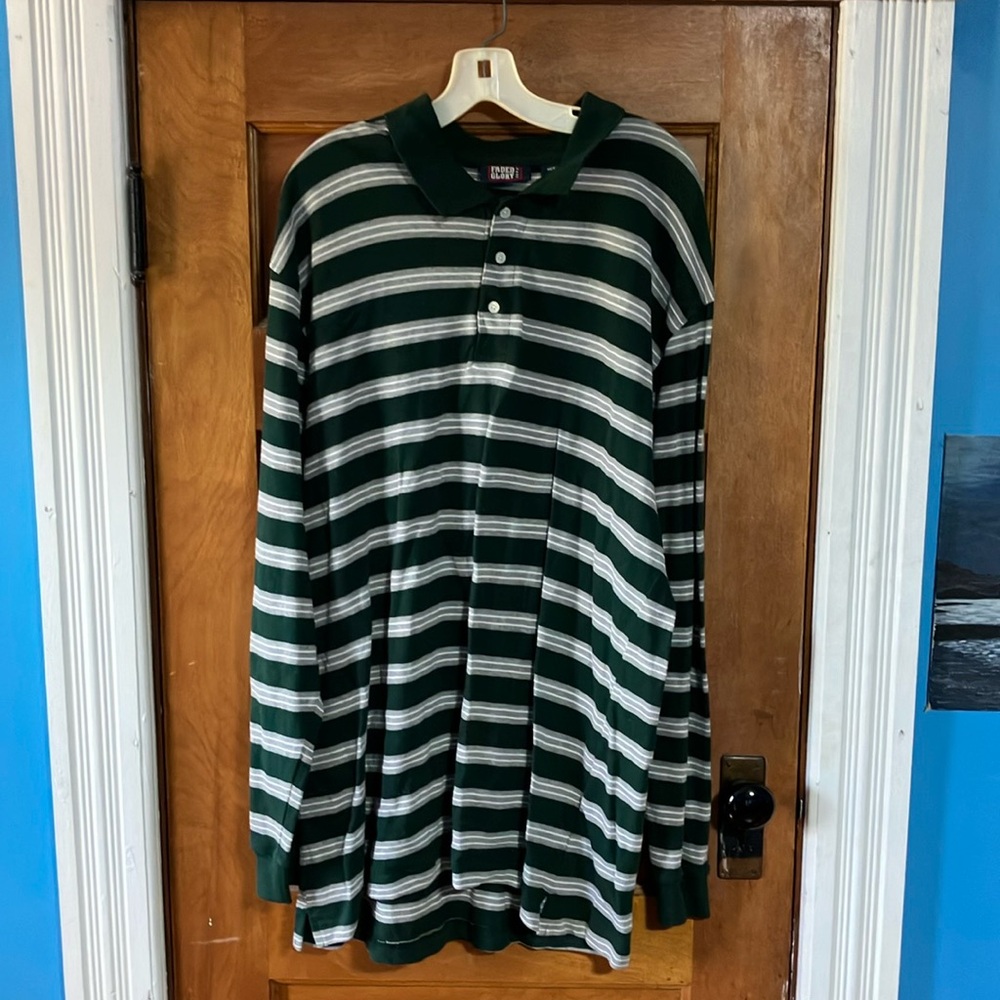 Faded Glory Polo Mens XL Long Sleeve Gray Blue Stripes